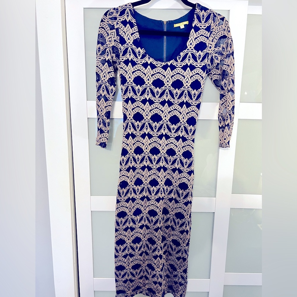 Gianni Bini Blue and Gold Lace Bodycon Midi Dress